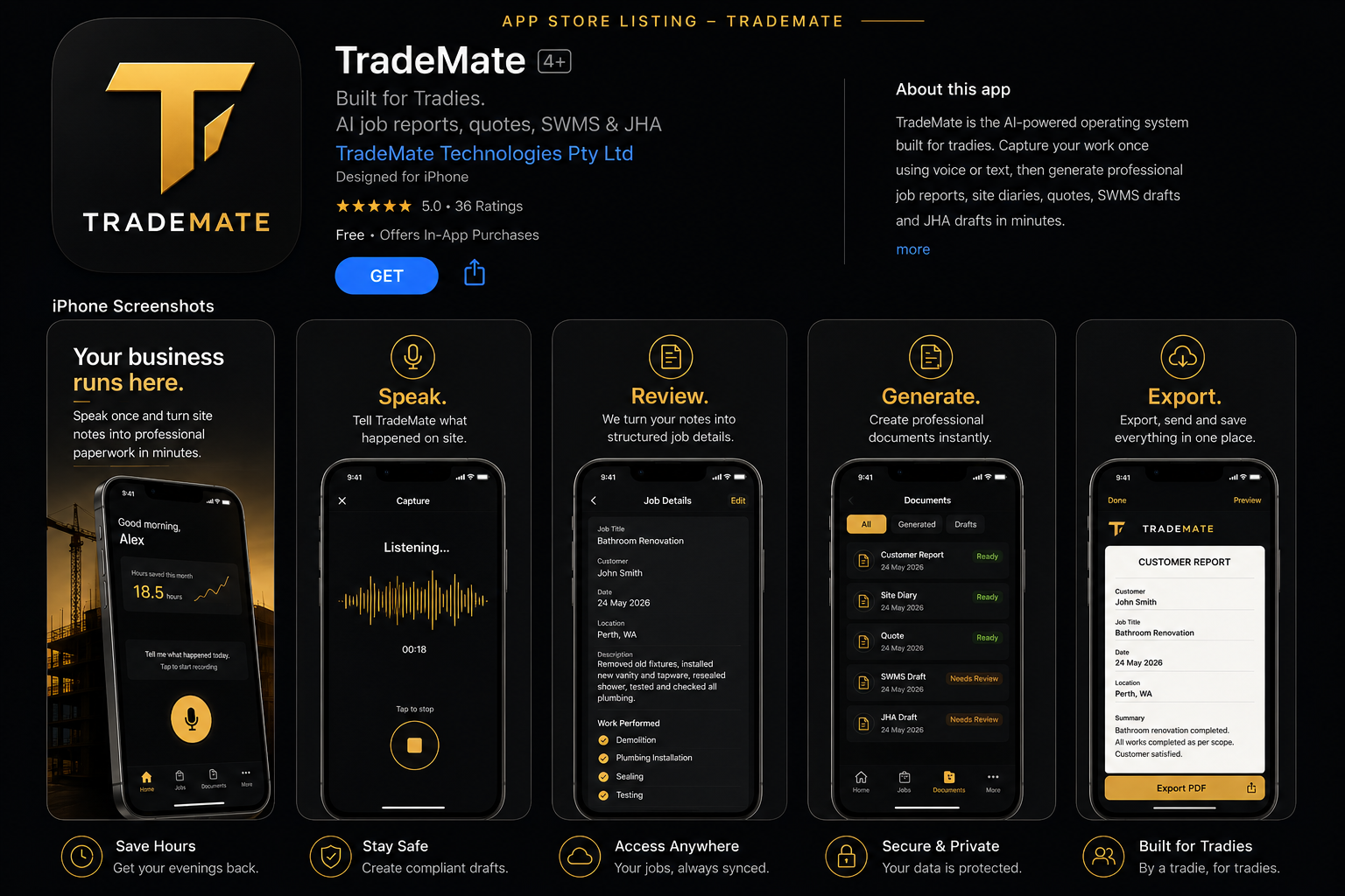 TradeMate App Store listing mockup with iPhone screenshots and app description
