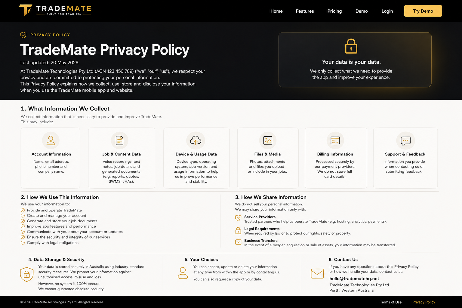 TradeMate privacy policy preview showing data protection and security information